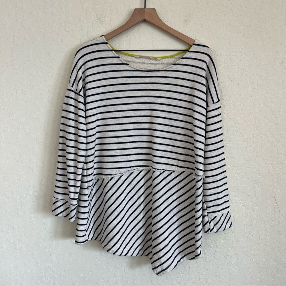 Soft Surroundings Asymmetric Mixed Stripes Pullover Sweatshirt Large Navy Blue